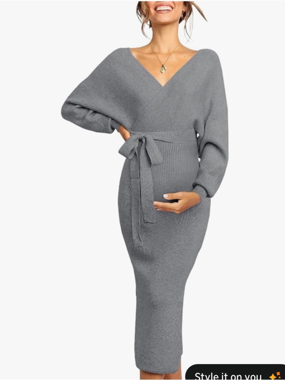 V-Neck Gray Knit Maternity Dress with Waist Tie